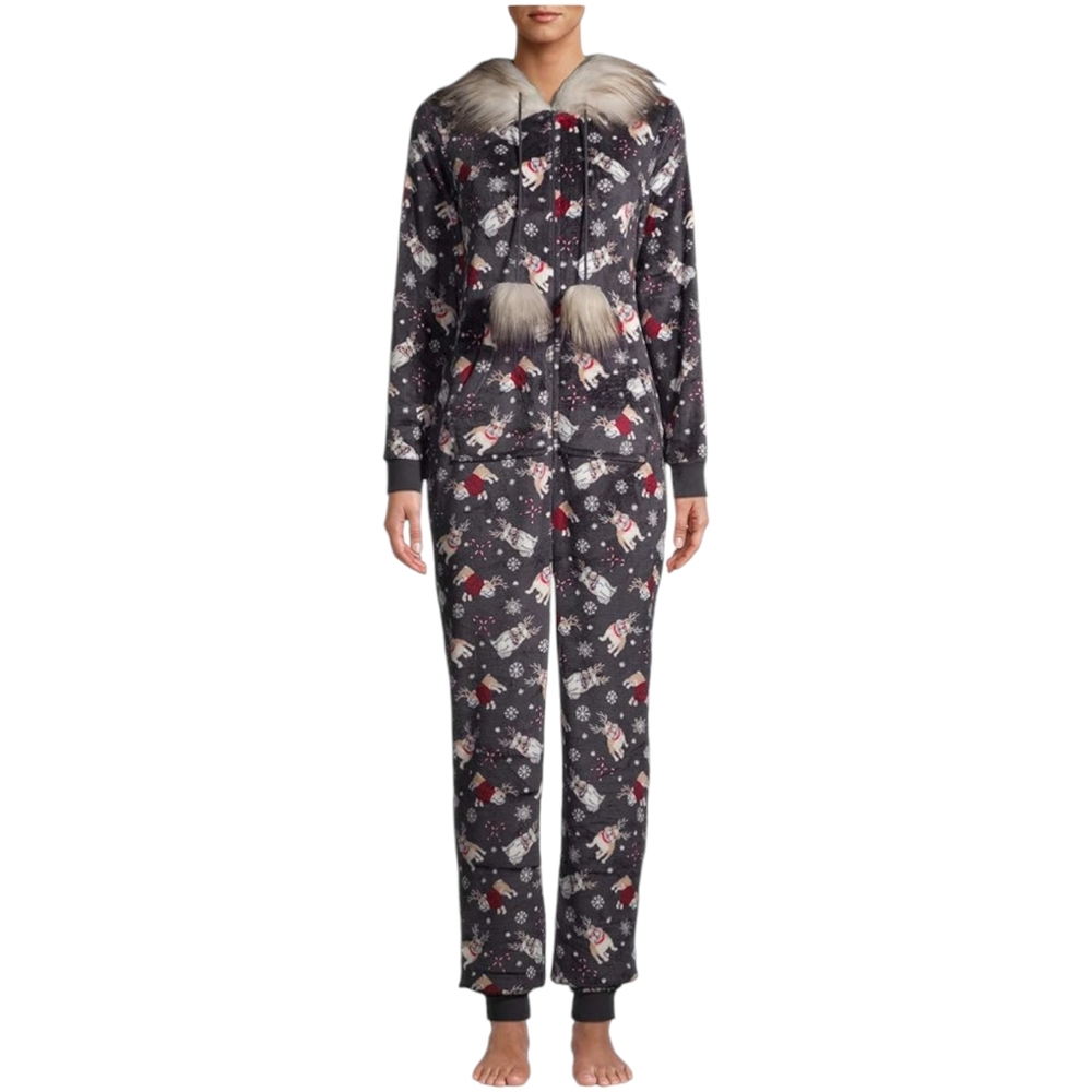Secret Treasures Women's Faux Fur One Piece Plush Hooded Christmas Pajamas XL